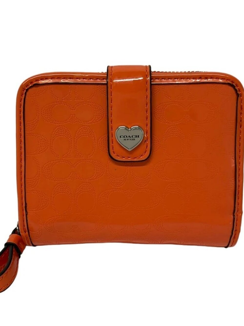 COACH Liquid Gloss Signature Heart Medium Zip-Around F51678 Orange
